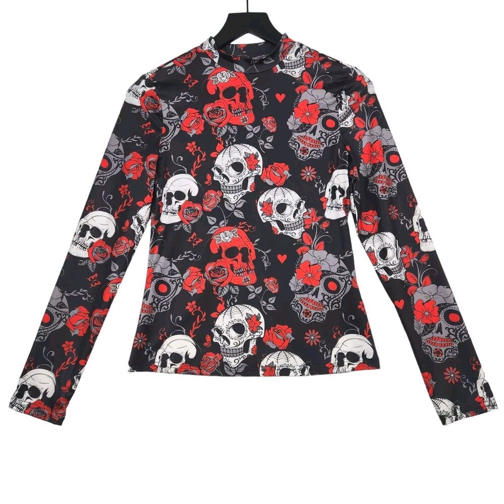 SHEIN Women's Juniors Top Size‎ Medium Long Sleeve Gothic Skulls Roses Witchy
